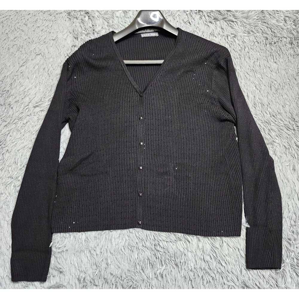 Kate Hill Sweater Womens Large Black Beaded Cardigan Button Up Long Sleeve Top‎